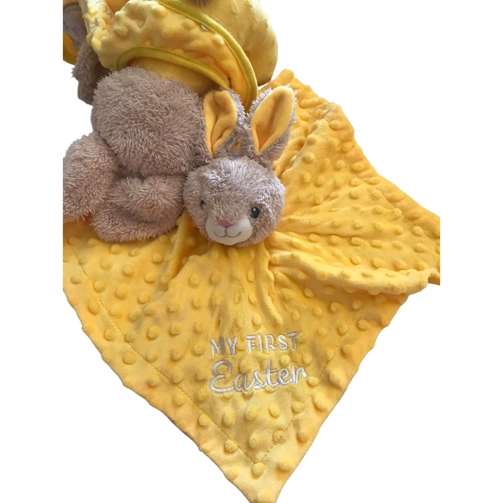 MTY Yellow Bunny Lovey Security Blanket Baby‎ Plush Minky Dot Rattle Easter